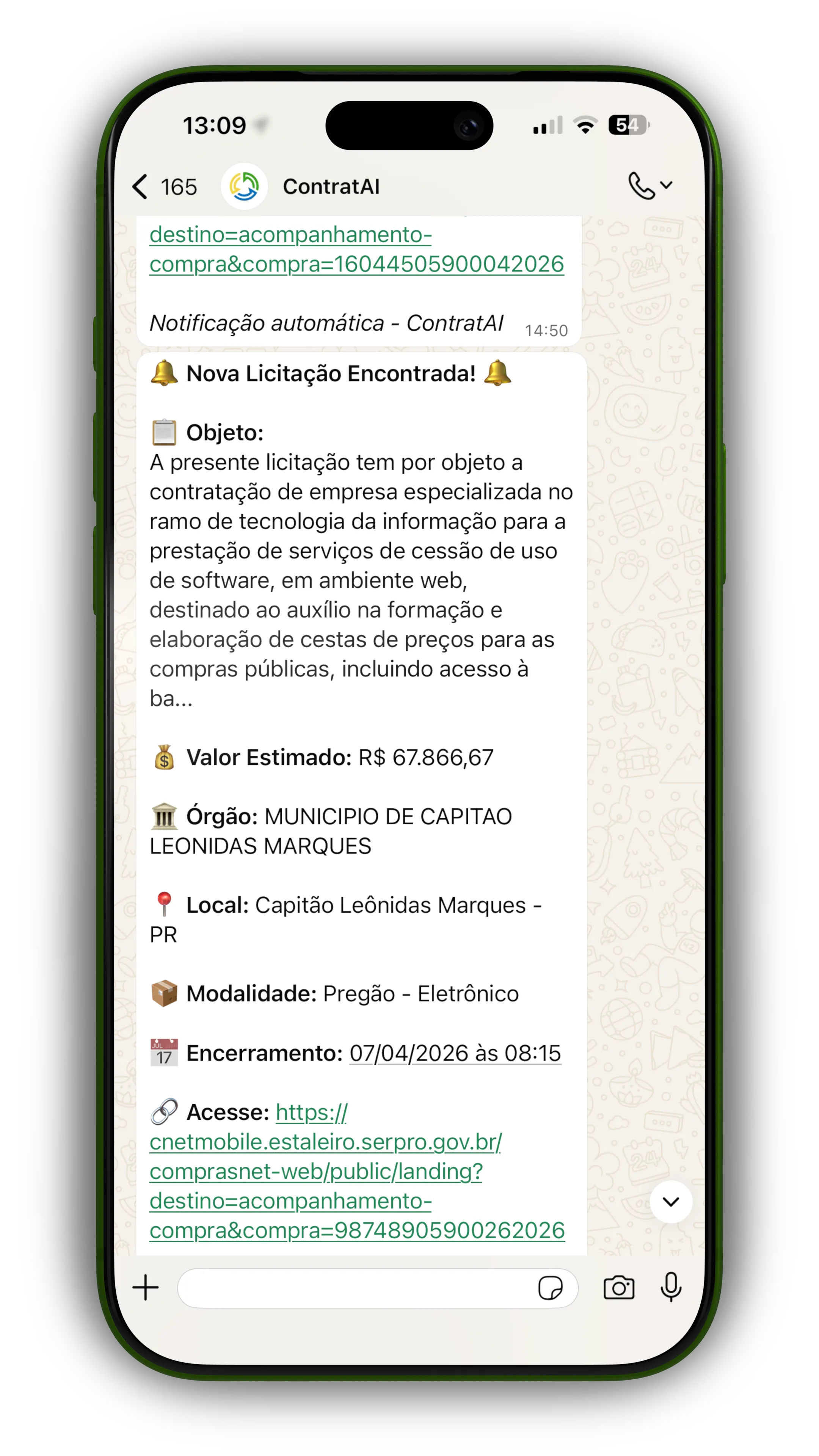 Alerta de nova licitação recebido no WhatsApp